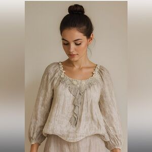 Bella France Silk Floral Anthropologie Top Italy casual fall  blouse embroidered